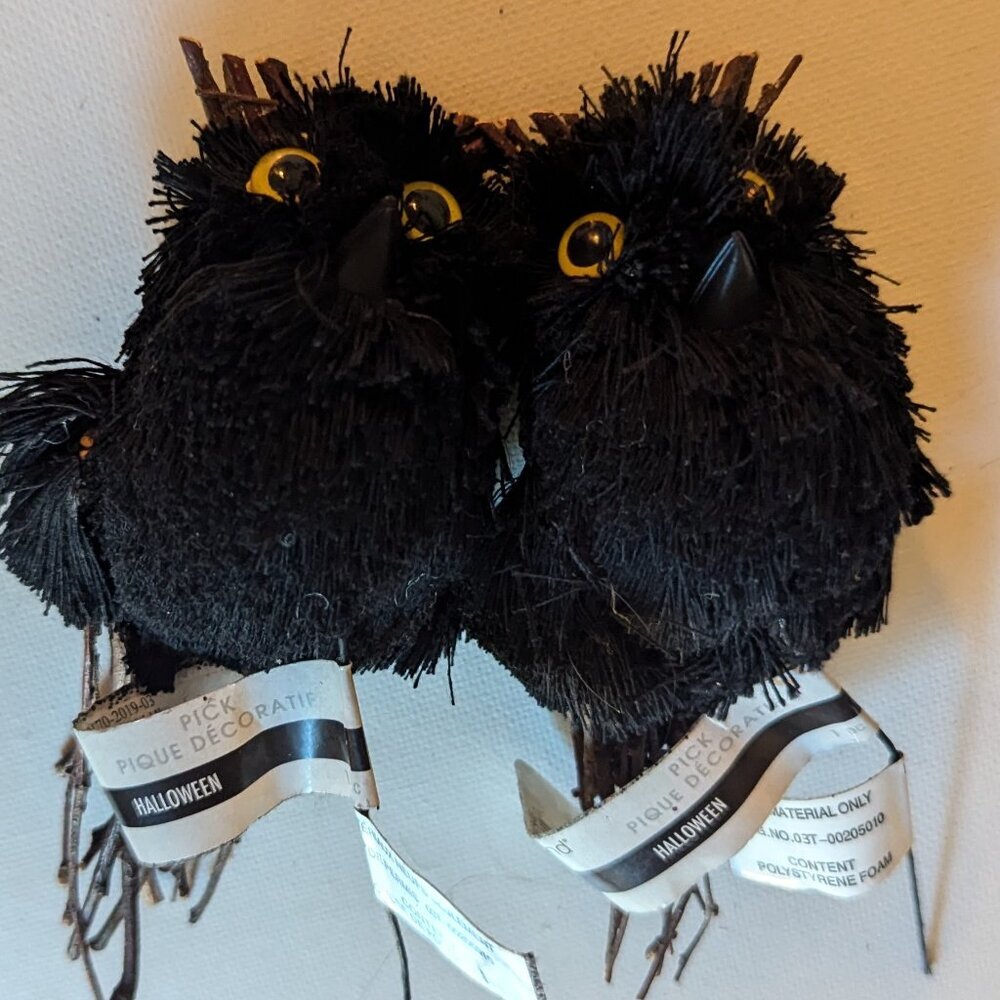 NWT 2 Eerie Black Mini Owls Halloween Decoration Floral Pick Ashland Home Decor